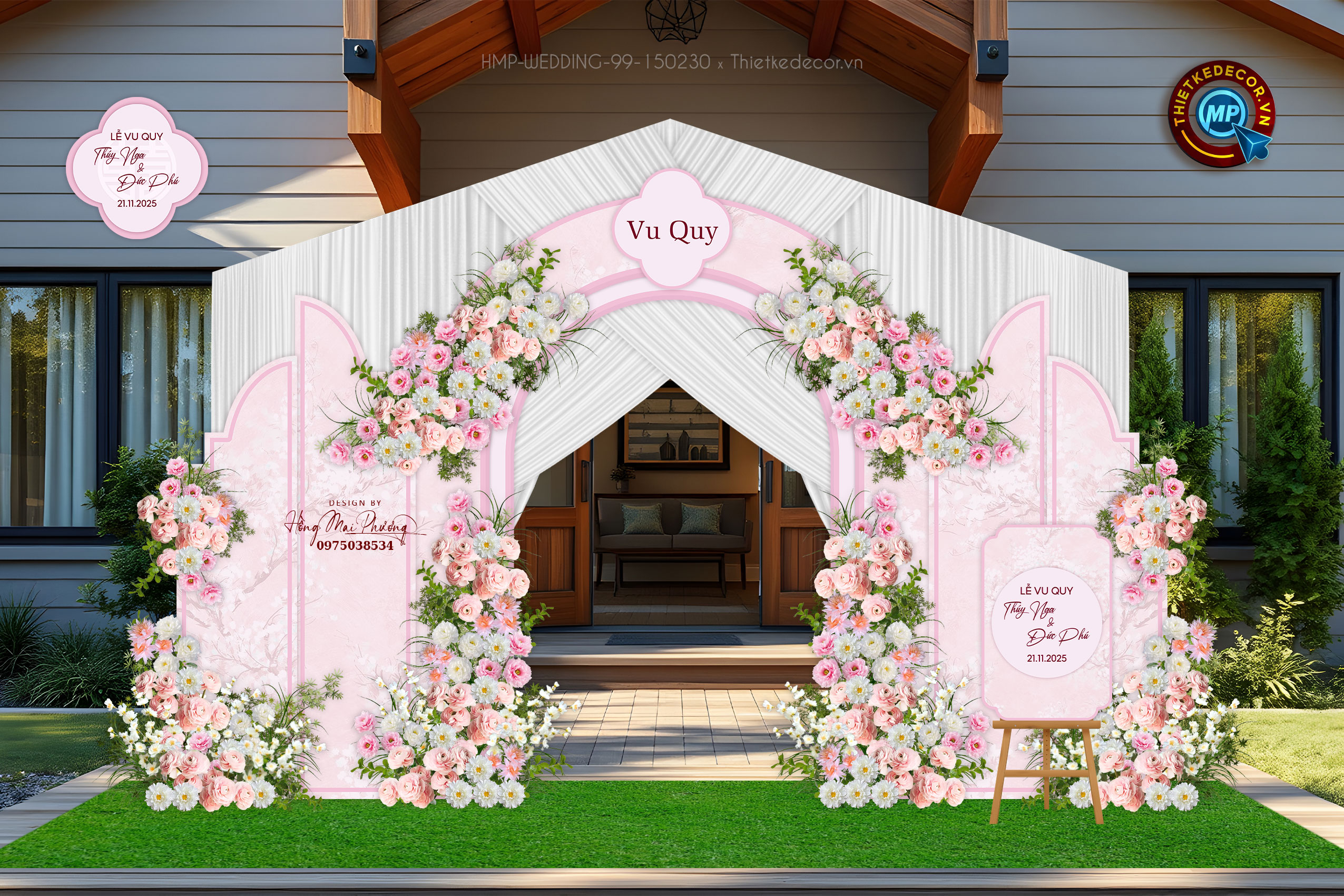 Wedding- cổng cưới toen hồng nhạt , hoa văn chim cành quốc dân